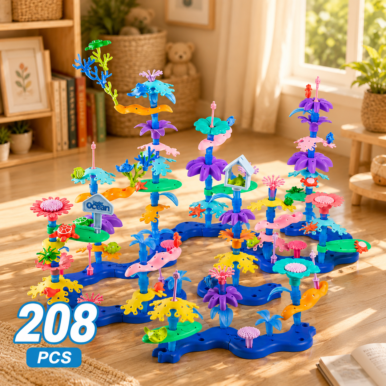 Flower garden building toy on a blue base with butterflies, 208-piece set